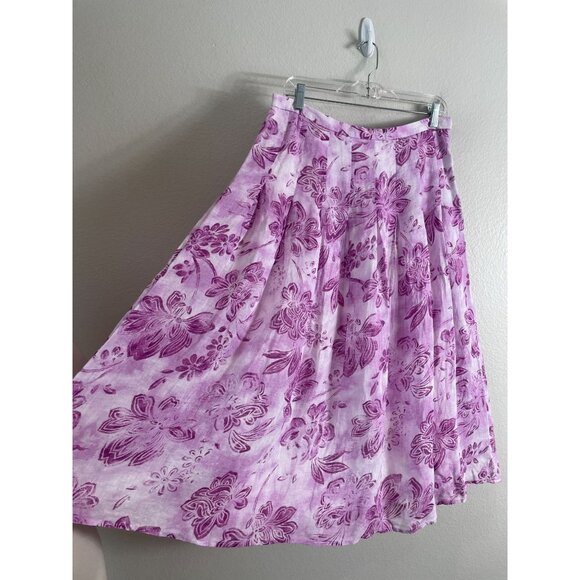 J Jill Womens Petite 10 Purple Floral Pleated Midi Skirt 100% Linen Lined - Picture 6 of 10